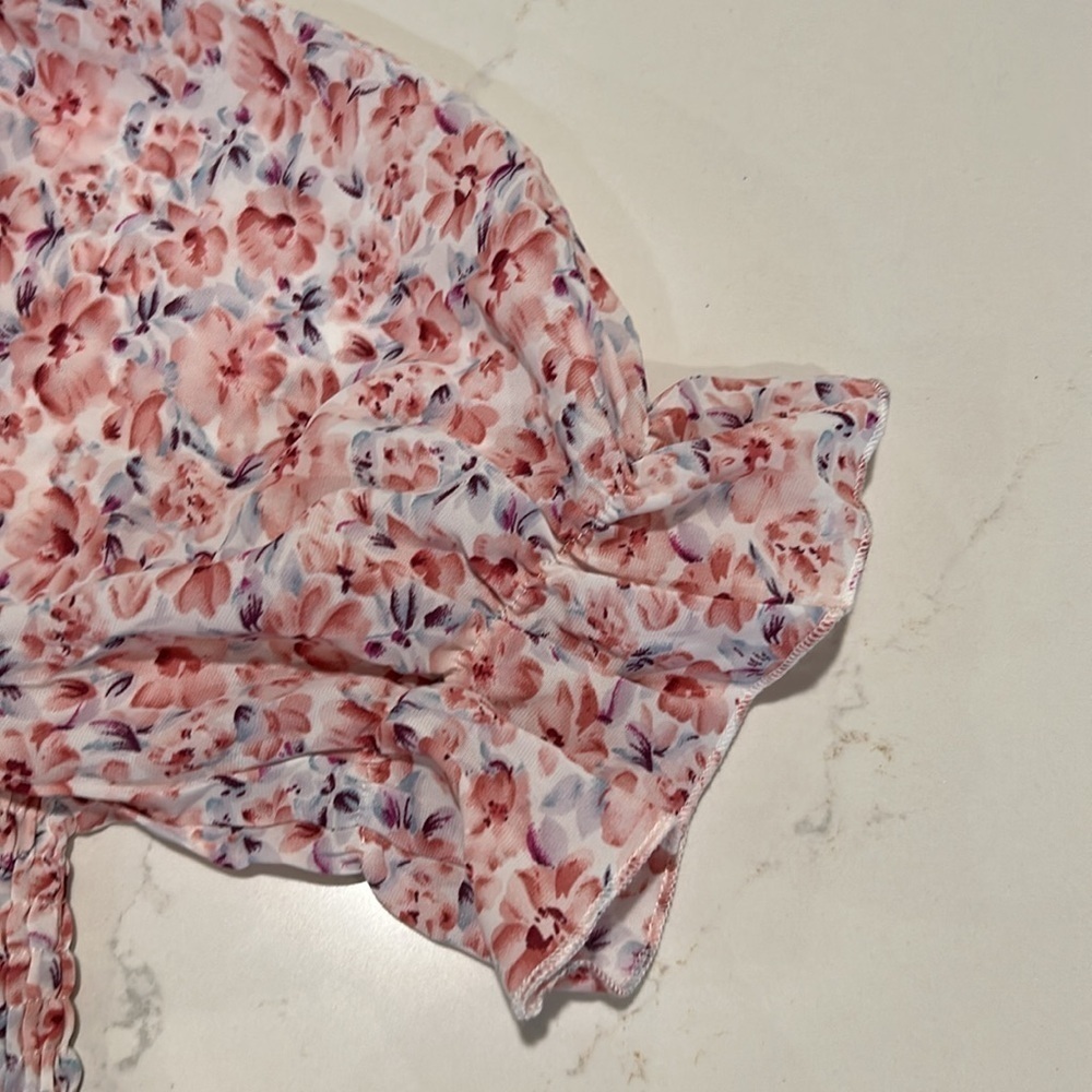 Floral Pink Long Maxi Smocked Dress Ruffle Sleeves Size Small - Picture 4 of 6